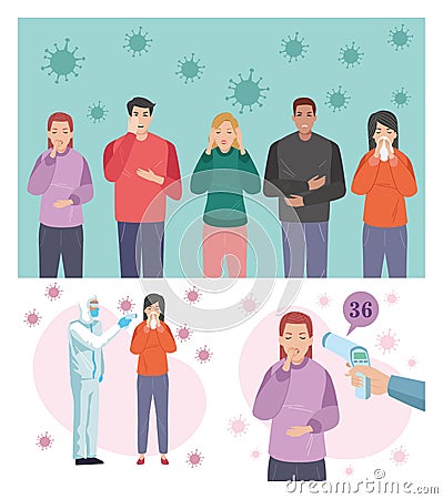 Group of people sick with covid19 symptoms and doctor checking temperature Vector Illustration