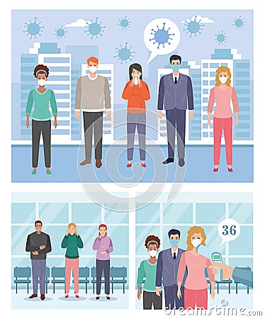 Group of people sick with covid19 symptoms and others using face masks Vector Illustration