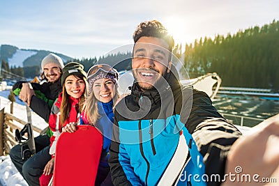Group Of People Ski Snowboard Resort Winter Snow Mountain Happy Smiling Friends Taking Selfie Photo Stock Photo
