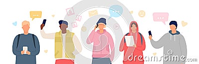 Group of people in smartphone chat. Young men and women use gadgets to communicate. Flat characters chatting in social Vector Illustration