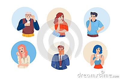 Group people with smartphones. Man woman elderly students Ñhatting, making selfie, listening music, talking using smartphones. Vector Illustration