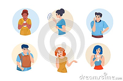 Group people with smartphones. Man woman elderly students Ñhatting, making selfie, listening music, talking using smartphones. Vector Illustration