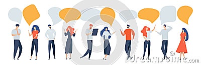 Group of people with speech bubble. Women and men communicate, talk, discuss, debate, reason, prove, chat, draw Vector Illustration