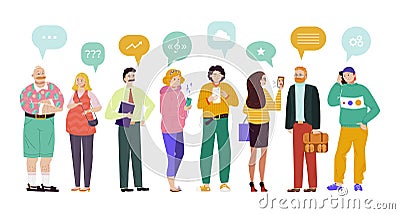 Group people speech bubbles comunication vector Illustration. Chat participants ask questions, find music, discuss Stock Photo