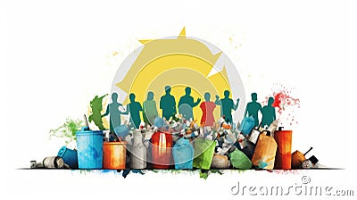 A group of people are standing around a pile of trash, AI Stock Photo