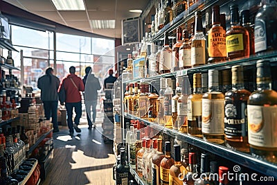 A group of people standing in front of shelves with bottles in alcohol store Stock Photo