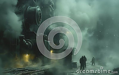 a group of people standing in front of a steam engine in a foggy area Stock Photo
