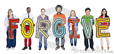 Group of People Standing Holding Forgive Letter Stock Photo