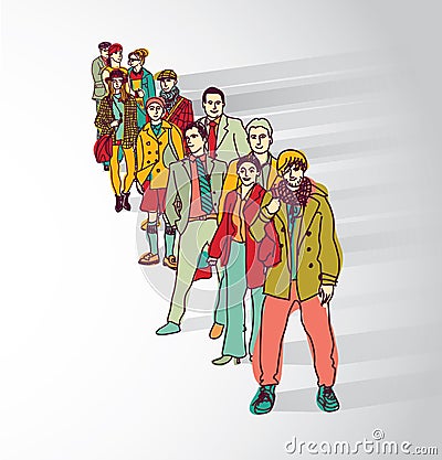 Group people standing in queue tail waiting flat shadow. Vector Illustration