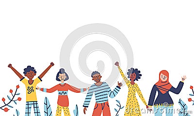 Group of people are standing together. Concept of diversity harmony equality tolerance. Multicultural society. Vector Illustration