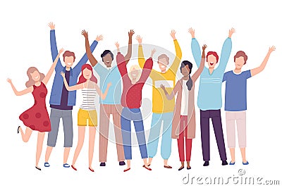 Group of People Standing Together with Raising Hands, Happy Young Men and Women Having Fun or Celebrating Success Flat Vector Illustration