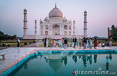 Group of people at the Taj Mahal at sunrise in Agra, India Editorial Stock Photo