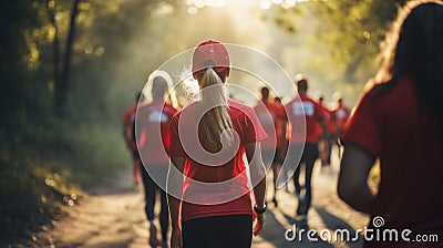 Group of people taking part in outdoor nature marathon, running in forest in warm summer day. Cross-country run Stock Photo