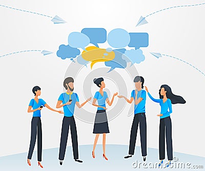 Group of people talking with dialogue speech bubbles, businessmen discuss social network, chat, news discussion, social networks Cartoon Illustration
