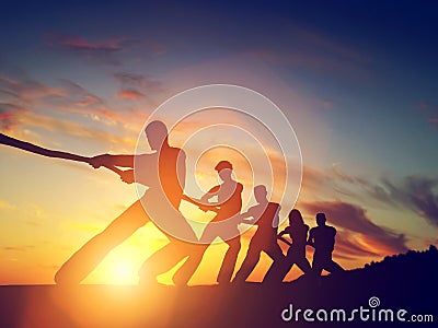 Group of people, team pulling line, playing tug of war. Stock Photo