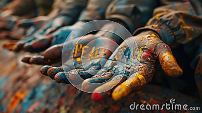 A group of people with their hands painted in the colors of peace, AI Stock Photo