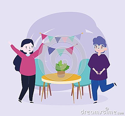 Group of people together to celebrate a special event, happy couple party celebration in room Vector Illustration
