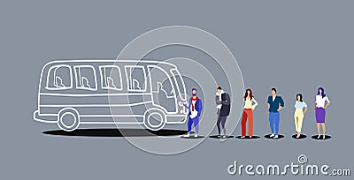 Group of people tourists standing line queue to boarding tour bus men women passengers waiting at city public transport Vector Illustration