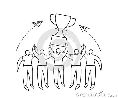 Group of people with trophy cup One line drawing Business, teamwork, success, help and goal concept Vector Illustration