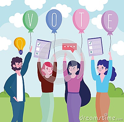 group people with vote ballots and advertising elections Vector Illustration