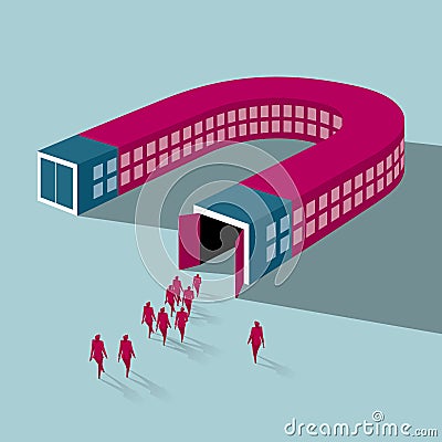 A group of people walked towards the U-shaped building. Vector Illustration