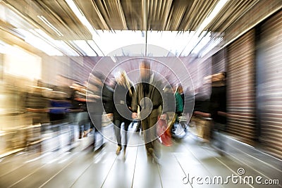 Group of People Walking in Shopping Centre, Motion Blur Stock Photo