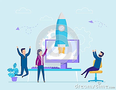 Group Of People Watch Rocket Take Off From Computer Screen. Startup Concept Illustration In Flat Cartoon Style. Vector Vector Illustration