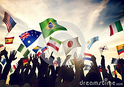 Group of People Waving Flags in World Cup Theme Stock Photo