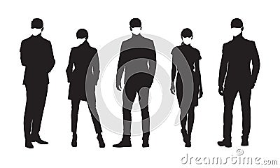 Group of people wearing medical masks set of isolated vector silhouettes. Business men and women Vector Illustration