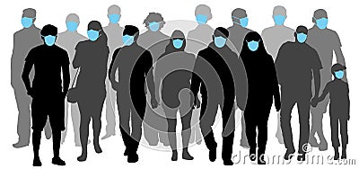 Group of people wearing medical masks to prevent disease flu. Contaminated air. Silhouette vector illustration Vector Illustration