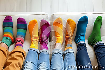 A group of people wearing multi-colored mismatched socks. Odd socks day, anti-bullying week social concept. Down syndrome Stock Photo