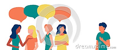 Group of people woman communicate, ignoring, bullying, shaming, hate, abuse male outcast. Loneliness, ignore Vector Illustration