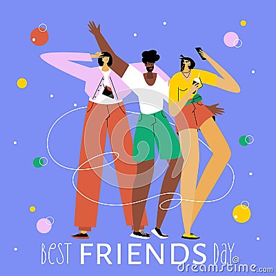 The group of people, woman, girls and African American man take a selfie. They celebrations happy national best friends Vector Illustration