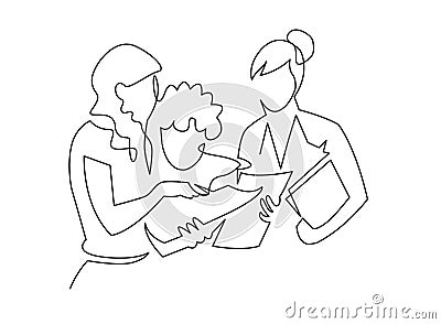 Group of people working continuous one line vector draw. Students preparing to exams Vector Illustration
