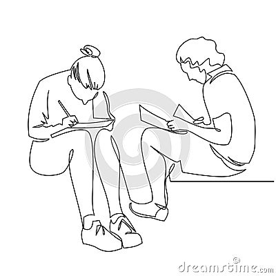 Group of people working continuous one line vector draw. Students preparing to exams Vector Illustration