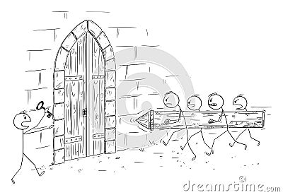 Group of Person Attacking Gate with Battering Ram but There is Key, Vector Cartoon Stick Figure Illustration Vector Illustration