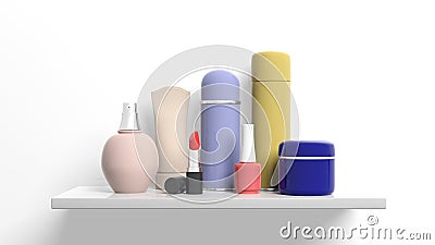 Group of personal care products on a shelf. 3d illustration Cartoon Illustration