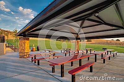 Group picnic area at public park Stock Photo