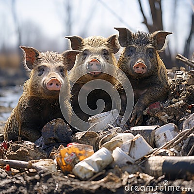 a group of pigs in a pile of trash Stock Photo