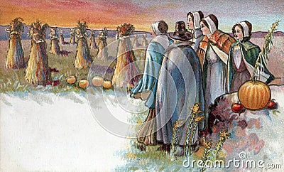 Pilgrims in field at Sunset Stock Photo