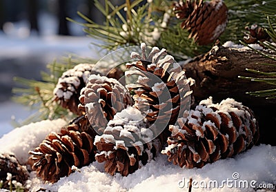 a group of pine cones on snow Stock Photo