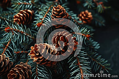 a group of pine cones on a tree branch Stock Photo