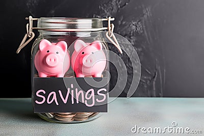 Group of pink piggy banks in a glass jar, inscription 