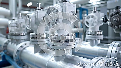 A group of pipes with valves and other equipment in a factory, AI Stock Photo
