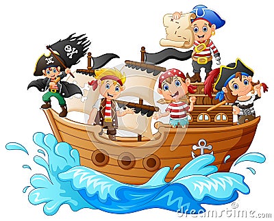 Group of pirate on the ship Cartoon Illustration