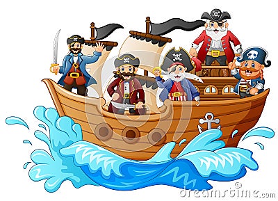 Group of pirate on the ship Vector Illustration