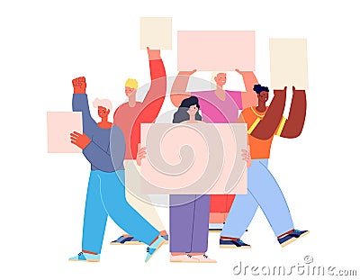 Group with placards. Protest companies, diverse corporate people holding blank banners. Demonstration crowd, employee Vector Illustration