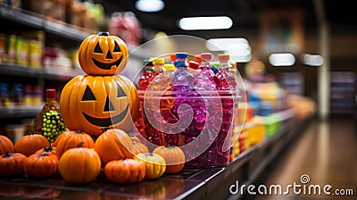 A group of plastic pumpkins and plastic bottles on a counter Stock Photo