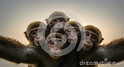 a group of playful monkeys taking a selfie in digital art style during golden hour - generated using ai Stock Photo