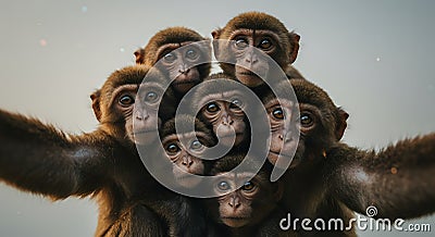 a group of playful monkeys taking a selfie in a digital art style during golden hour - generated using ai Stock Photo